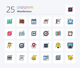 Miscellaneous 25 Line Filled icon pack including book. coding. house. home