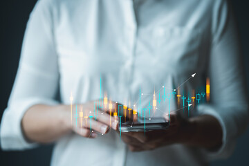 Business man trader investor analyst using mobile phone app analytics for cryptocurrency financial market analysis, trading data index chart graph on smartphone  screen