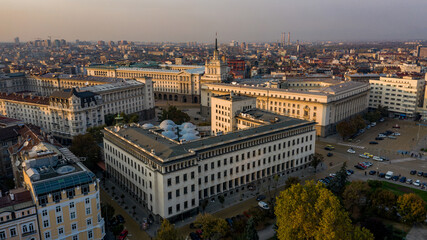 Drone photo of old buildings in Sofia city center, Bulgaria, at sunset