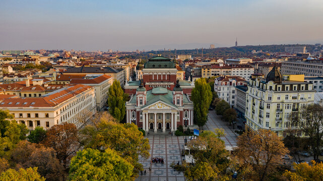Drone photo of Sofia city center with old beatiful buildings and the National Theater Ivan Vazov, Bulgaria