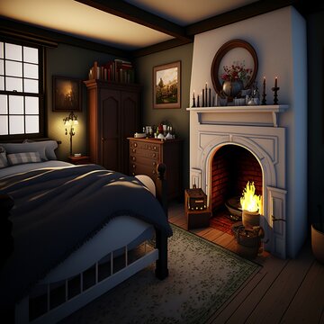 bedroom with fireplace room warm hot winter interior black on carpit picture on wall furniture 