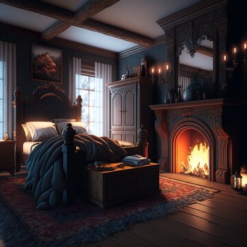 bedroom with fireplace room warm hot winter interior black on carpit picture on wall furniture 