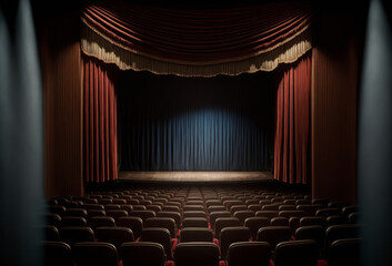 View or an empty theater or cinema with rows or seats and spotlight on a stage curtain. Generative ai