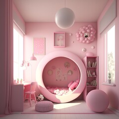 pink girl cute little interior of a room well-equipped toys wall blanket mirror cat kitty bookshelf lamp children light picture frame ballons chair