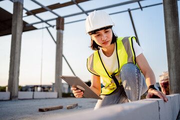 Naklejka na ściany i meble Civil Engineer women in safety suite use a digital tablet to work inspection and quality control on construction site .contractor and developer real estate concept