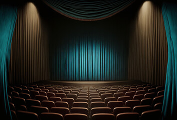 View or an empty theater or cinema with rows or seats and spotlight on a stage curtain. Generative ai