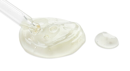 Dripping facial gel from pipette on white background, closeup