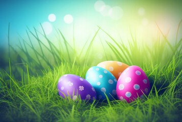 Colored Easter eggs in the grass with copy space. Generated by AI