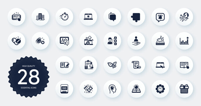 Set of Business icons, such as Surprise, Payment and Feedback flat icons. Timer, Ssd, Read instruction web elements. Accounting, Like photo, Puzzle signs. Idea head, Buildings, Time management. Vector