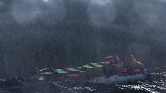 Cargo ship with containers swing in stormy ocean at night
Rain and lightnings with high waves, freight shipping concept, Night view
