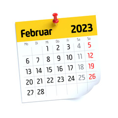February Calendar 2023 in German Language. Isolated on White Background. 3D Illustration