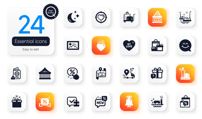 Set of Holidays flat icons. Special offer, Passport warning and Moon elements for web application. Smile face, Bell, Map icons. Luggage trolley, Heart target, Discount button elements. Vector