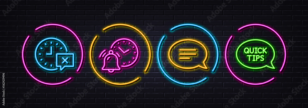 Poster time, chat and alarm clock minimal line icons. neon laser 3d lights. quickstart guide icons. for web