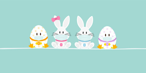 2 Weiße Osterhasen Mädchen & Junge & 2 Ostereier Maske Banner Türkis