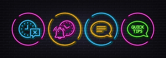 Time, Chat and Alarm clock minimal line icons. Neon laser 3d lights. Quickstart guide icons. For web, application, printing. Remove alarm, Speech bubble, Time notice. Helpful tricks. Vector