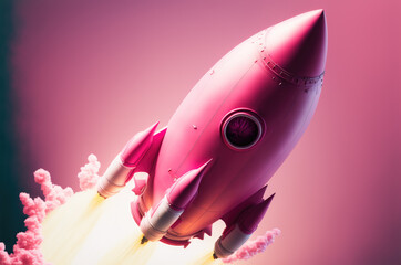 Fototapeta na wymiar Pink toy spaceship launch with fire on pink background. Generative AI