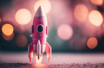 Pink toy spaceship launch with fire on pink background. Generative AI