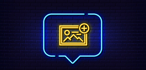 Neon light speech bubble. Add photo line icon. Image thumbnail sign. Picture placeholder symbol. Neon light background. Add photo glow line. Brick wall banner. Vector