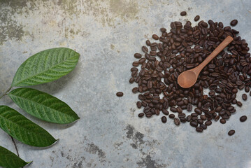 Coffee beans and green leaves from top view