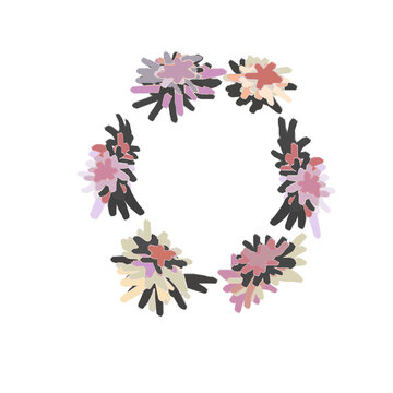 Voluminous geometric floral pattern. A wreath of fluffy stylish flowers in pink and gray. Modern digital minimalistic design for creative decoration. Cute fresh dynamic image of spring and tenderness.
