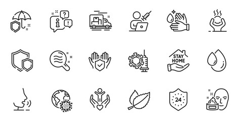 Outline set of Face cream, Coronavirus pandemic and Stay home line icons for web application. Talk, information, delivery truck outline icon. Include 24 hours, Volunteer, Mint leaves icons. Vector