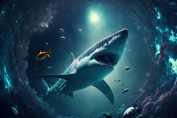 Shark swims in space. AI generation