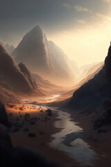 Dry Fantasy desert landscape. Dry desolate Mountain formation. Canyons region. River crossing dry barren desert landscape. 