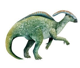 Herbivorous Parasaurolophus dinosaur watercolor illustration. Green ancient animal for children room, textile, products © Elena Malgina