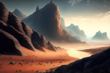 Dry Fantasy desert landscape. Dry desolate Mountain formation. Canyons region. River crossing dry barren desert landscape. 