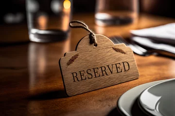 Foto op Aluminium A luxury wooden tag of "Reserved" which is placed of the dinner table with restaurant background, Sign and symbol object. Generative Ai image. © Nattawit