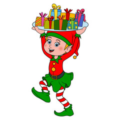 Elf. Smiling gnome in costume carries group of colorful wrapped gift boxes with ribbons. Cartoon elf holding boxes with presents. Cute illustration with elf for birthday, celebration or holiday.