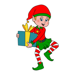 Cartoon elf. Elf holds gift box with ribbon and bow. Smiling character gnome carrying a box with present. Cute vector illustration with elf as template for card of birthday, celebration or holiday.