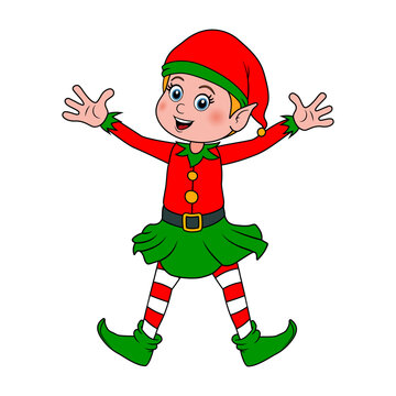 Little elf. Christmas elf is waving hands. Cartoon Santa Claus helper elf in costume and hat as symbol New Year and Christmas. Cute character of smiling gnome. Happy New Year and Merry Christmas icon.