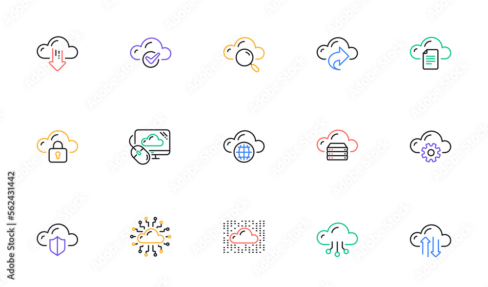 Aufkleber computer cloud icons. hosting, computing data and file storage. computer sync technology linear icon