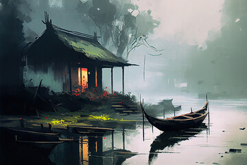 Obraz premium Old hut and boat in the foggy morning. Generative art
