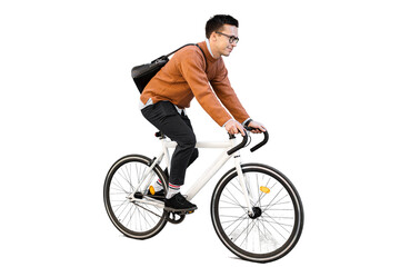Person cyclist rides bike freelancer isolated transparent background.