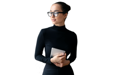 Portrait of a woman persona with glasses student manager in the office isolated transparent background.