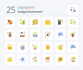 Ecology And Environment 25 Flat Color icon pack including oil. power. environment. energy. car