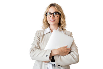 Female persona blonde with glasses formal wear manager working tablet transparent background.