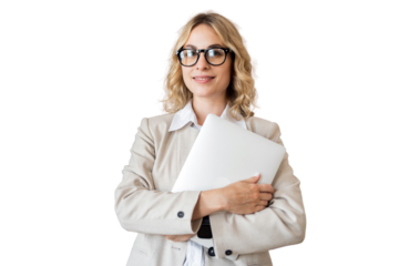Female persona blonde with glasses formal wear manager working tablet transparent background.