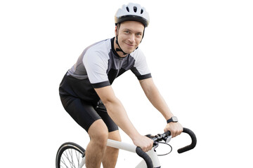Person cyclist rides helmet bike isolated transparent background.