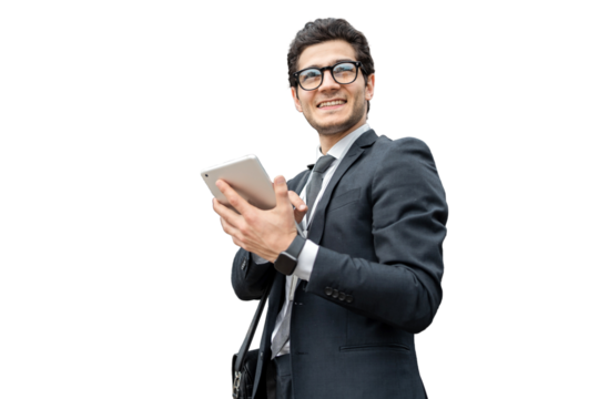 Manager formal suit using tablet running office isolated on a transparent background.