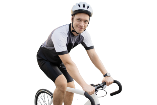 Person cyclist rides helmet bike isolated transparent background.