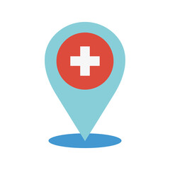 Hospital location pin icon. Cross plus geotag location pin medical.