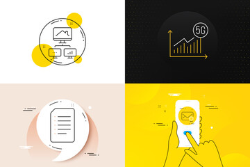 Minimal set of Verified mail, Work home and 5g statistics line icons. Phone screen, Quote banners. Document icons. For web development. Confirmed e-mail, Freelance work, Wifi chart. Vector