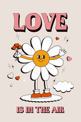 Retro groovy posters. Hippy Love concept. Happy Valentines day greeting card in trendy retro 60s 70s cartoon style. Vector illustration in pink RED colors. Card, postcard, print.