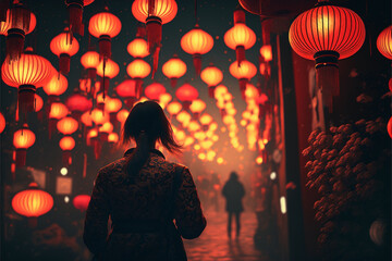 Chinese Red Lanterns Shine Bright during the Lunar New Year Festival of Happiness in China Generative AI