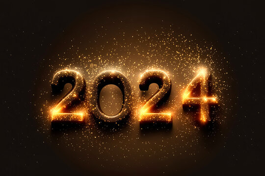 Greeting card Happy New Year 2024. Golden sparkling text , generative ai