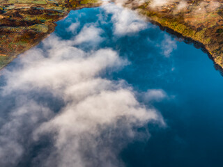 Aerial view of Lough fad in the morning fog, County Donegal, Republic of Ireland