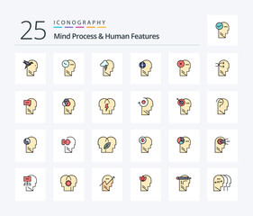 Mind Process And Human Features 25 Line Filled icon pack including brain. mind. energy. head. business